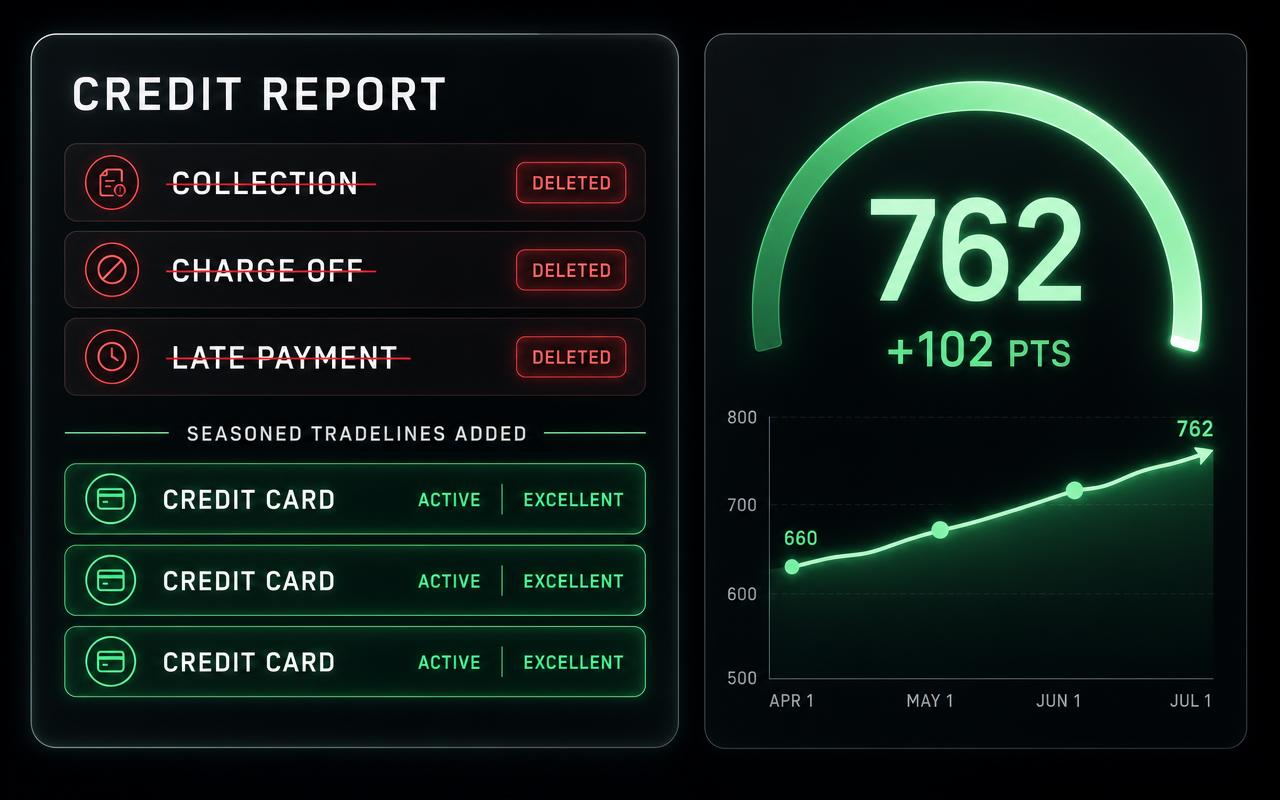 Credit report showing negative accounts deleted and seasoned tradelines added, with the score rising